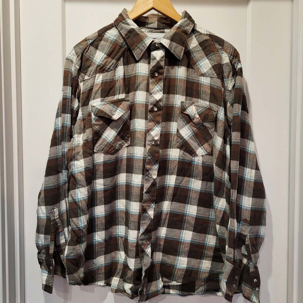 Wrangler Wrancher Shirts Men's Brown Blue Plaid Flannel Long Sleeve Pearl Snap S